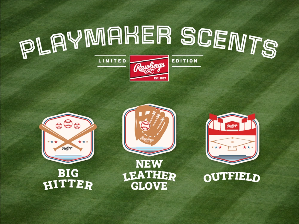 Limited edition Rawlings playmaker scents. Big hitter, New Leather Glove and Outfield.